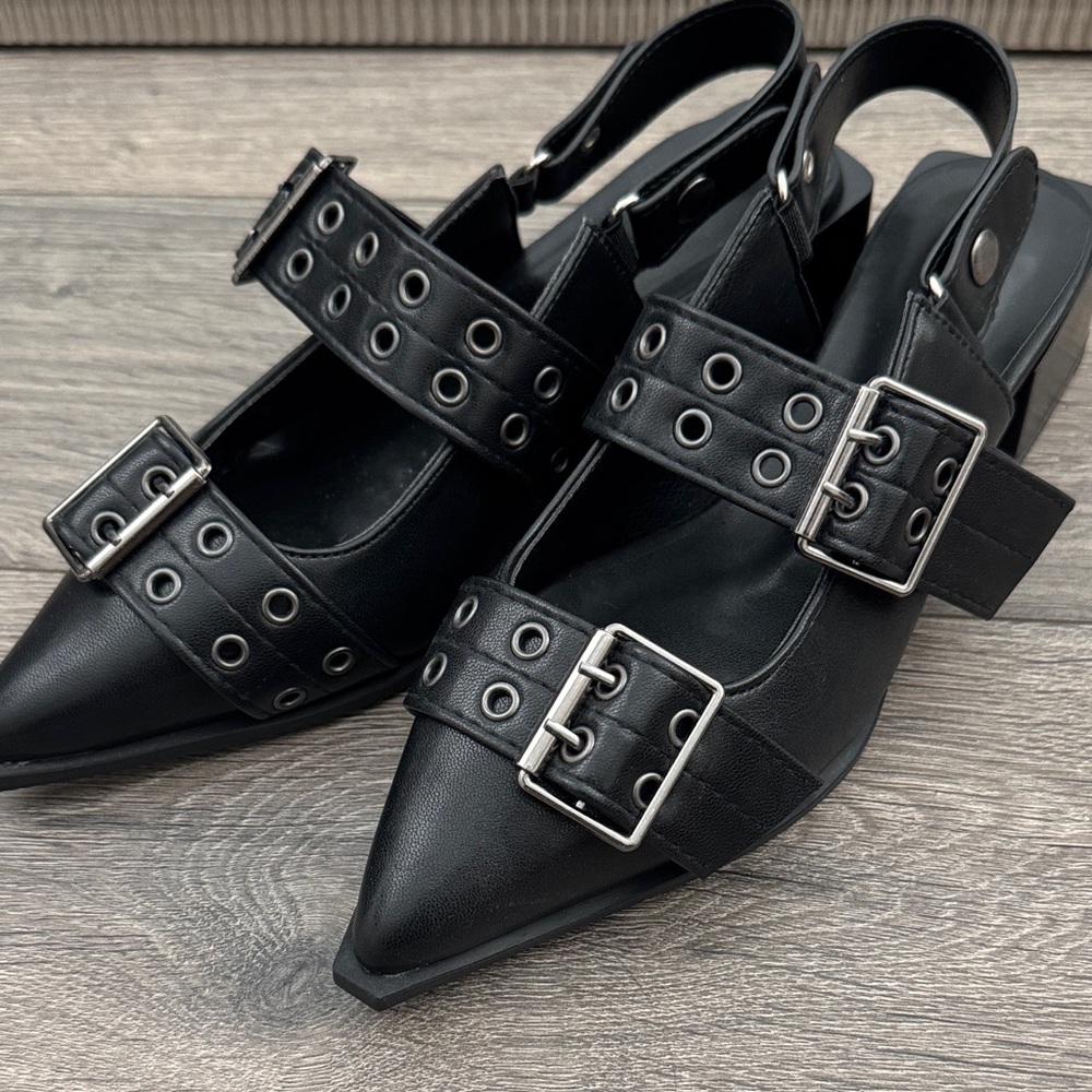 Stylish Black Slingback Women's Shoes Pointy Chunky Heel